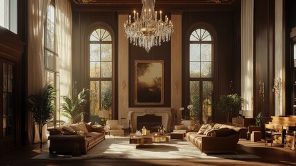 A luxurious living room with high ceilings, elegant furniture, and a grand chandelier as a focal point.