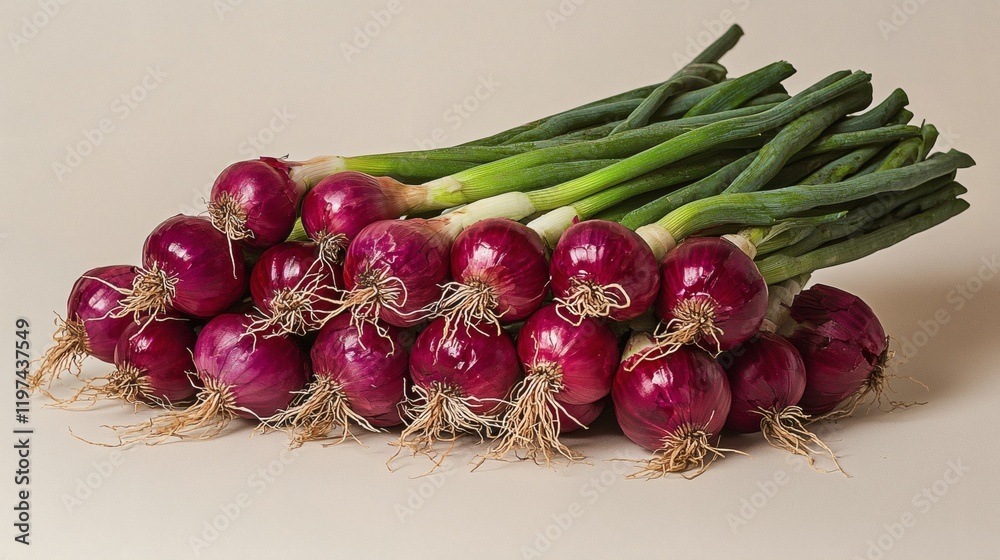 Poster Isolated of a stack of onions with roots visible for an organic and fresh look Stock Photo with side copy space