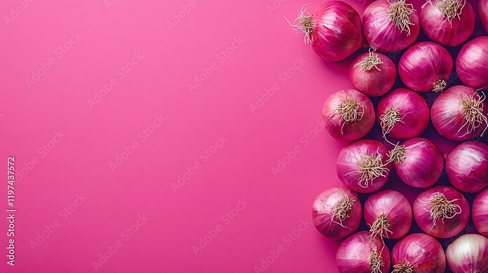 Poster Isolated of a stack of onions with roots visible for an organic and fresh look Stock Photo with side copy space