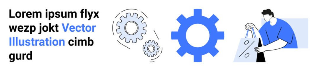 Gears symbolizing work and teamwork, person carrying shopping bag highlighting commerce. Ideal for teamwork, productivity, business solutions, commerce, mechanics, collaboration operations. Landing