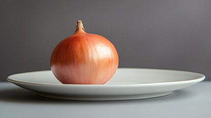 Isolated of a single onion on a white plate with a minimalist style Stock Photo with side copy space