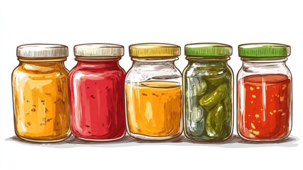 Colorful assortment of jarred sauces, tomato paste, traditional Italian cooking essentials.