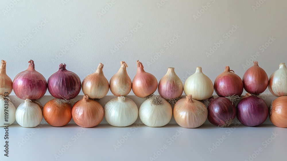 Aufkleber Isolated of a collection of onions with various sizes and colors arranged artistically Stock Photo with side copy space