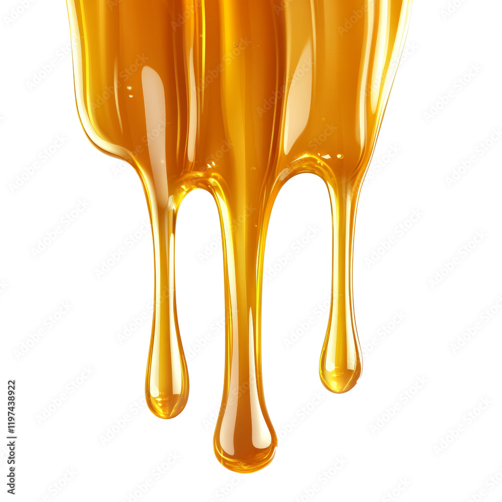 Poster A close up image of golden honey dripping down against a black background showing its texture and flow.