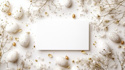 Easter-themed blank white card mockup surrounded by small Easter eggs and delicate flowers.