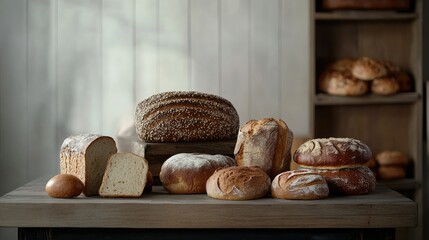 Variety of artisanal bread loaves displayed on rustic wooden table with soft natural light and blurred background showcasing bakery shelf.