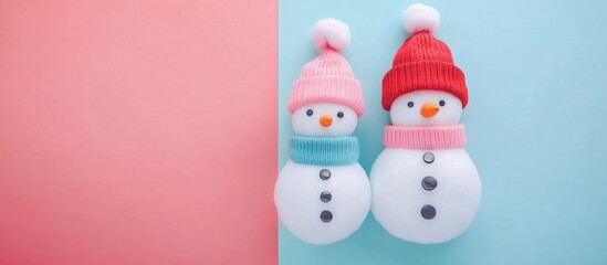 Cute decorative snowmen with pastel hats and scarves on a pink and blue background with ample copy space.