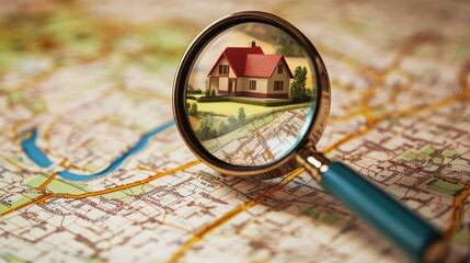 A magnifying glass over a map, highlighting a house as part of the home search process
