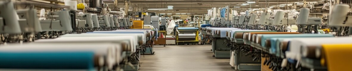 Factory interior; textile machinery; fabric rolls.