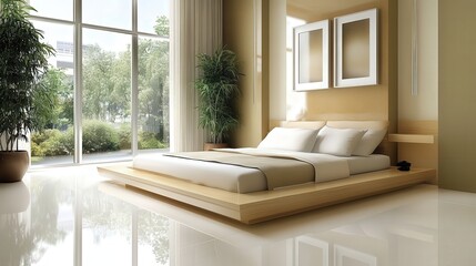 Fototapeta premium A minimalist bedroom design featuring a low-profile bed, neutral colors, and large windows for natural light.