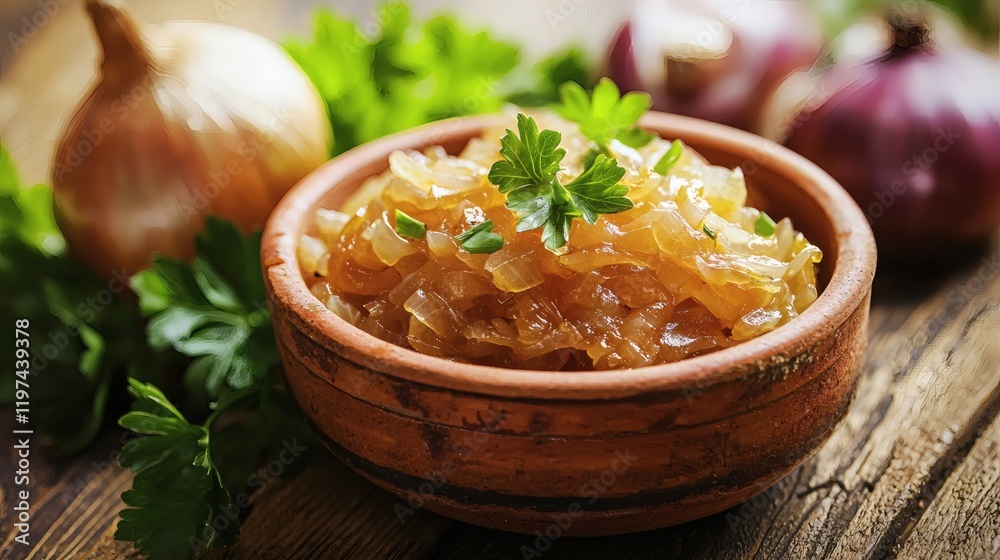 Poster isolated of caramelized onions served in a small dish with a rich golden color stock photo with side