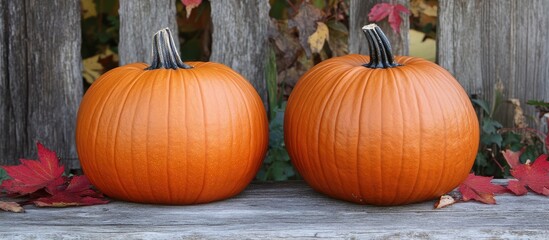 Autumn Harvest Scene with Vibrant Orange Pumpkins on Weathered Wood Surrounded by Crimson Red Leaves and Ample Negative Space for Text