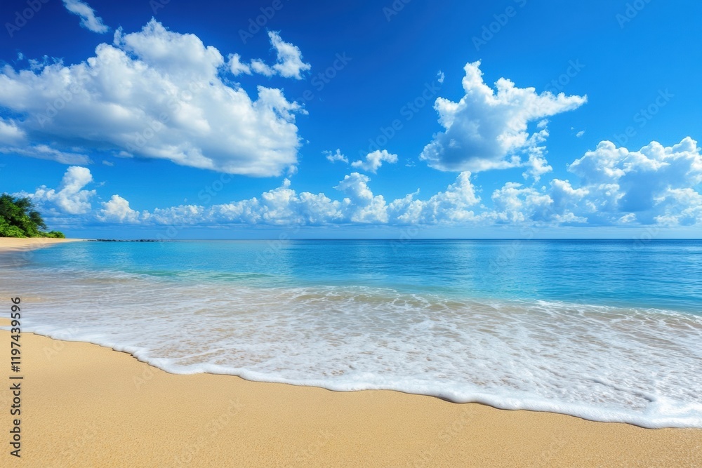 Poster vibrant coastal beach with gentle waves and bright blue sky inviting relaxation and tranquility. gen