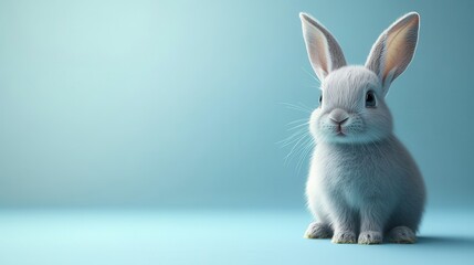 Obraz premium White rabbit sitting on a light blue surface with soft textures