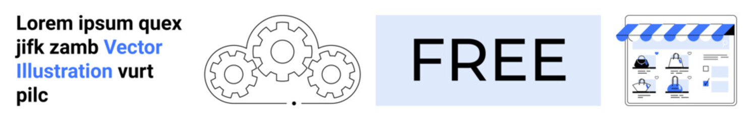 Promotional banner featuring gears symbolizing processes, FREE indicating no cost, online store icon with user illustrations. Ideal for marketing, sales, web design, ecommerce promotions, digital