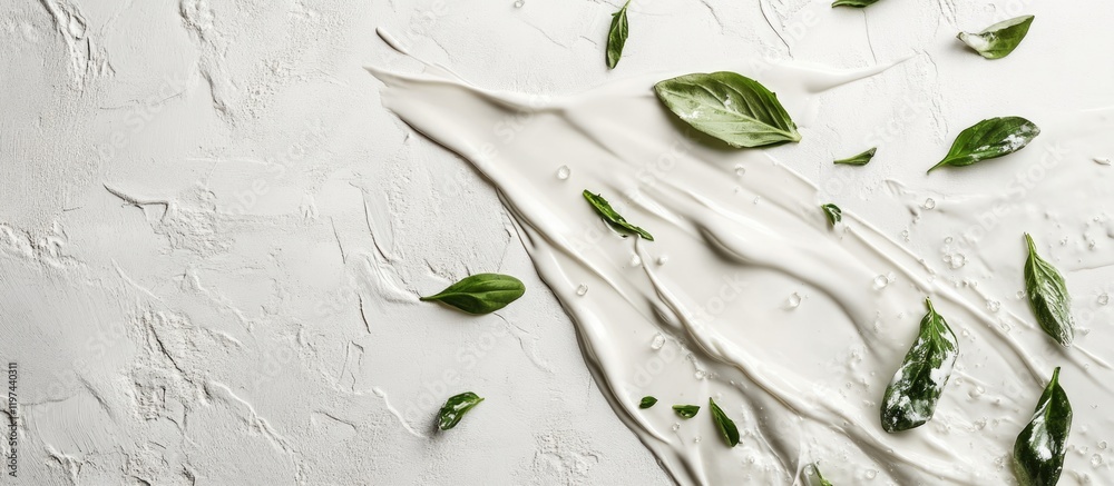Canvas Prints abstract composition of creamy texture with fresh green leaves on a white background featuring ample