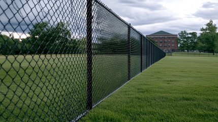 Fototapeta premium Black chain-link fence stands prominently with lush green grass in the foreground and a school building visible in the background