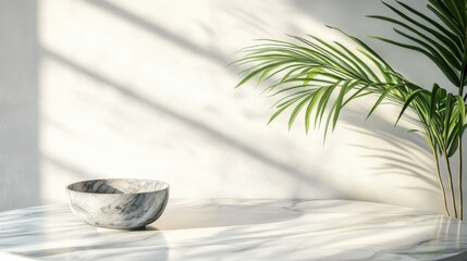 A marble table with a decorative bowl and a stylish plant in a clean, minimalist space