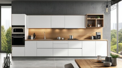 A minimalist kitchen design featuring white cabinets, stainless steel appliances, and a wooden countertop.