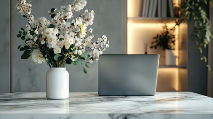 A marble table with a vase of fresh flowers and a laptop in a modern home office