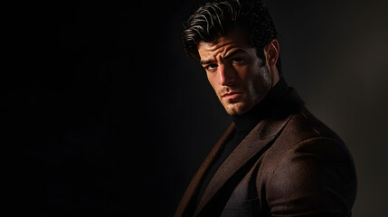 Obraz premium Confident Man in Stylish Suit Posing Dramatically in Low Light