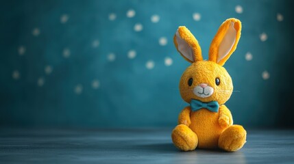 Obraz premium Stuffed rabbit toy sitting on a wooden table in indoor setting