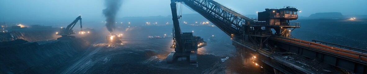 Obraz premium Massive mining operation, nighttime, coal extraction.