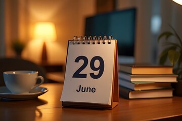 A calendar page flipping to June 29, set in a cozy desk scene.