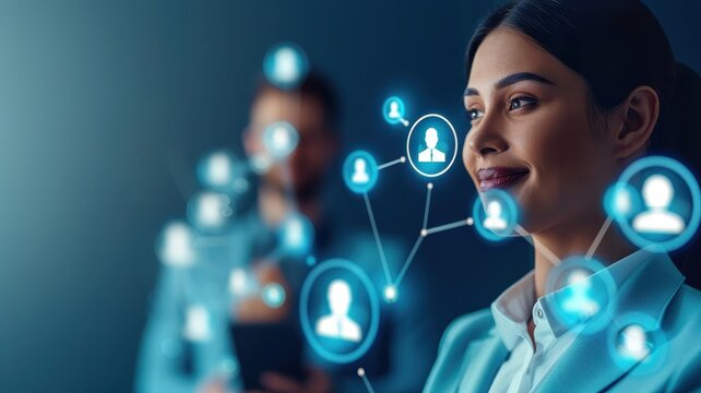 A woman smiles as digital user icons and connections appear around her, symbolizing networking and technology in a modern environment. - Powered by Adobe