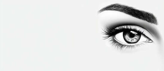 Detailed close-up of a woman's eye with makeup and long eyelashes on a light background with copy space.