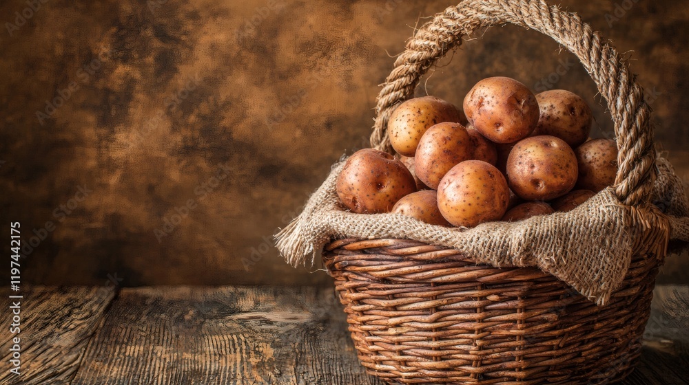 Poster isolated of a wooden basket filled with rustic potatoes emphasizing farm-fresh quality stock photo w