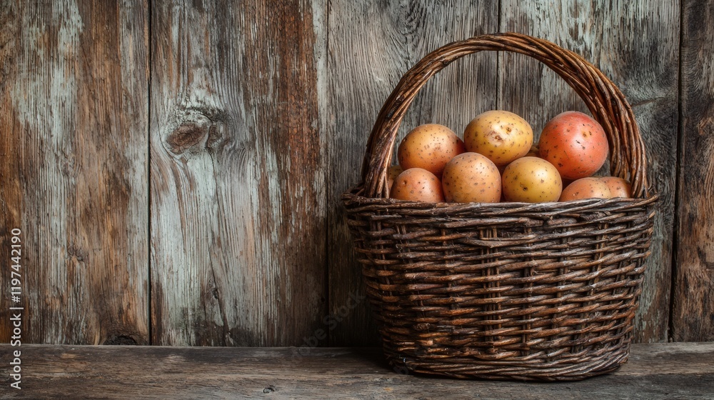Aufkleber isolated of a wooden basket filled with rustic potatoes emphasizing farm-fresh quality stock photo w