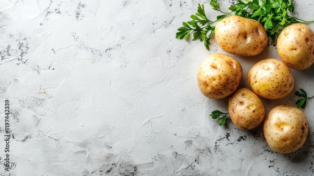 Poster isolated of peeled potatoes placed together on a spotless white surface ready for cooking stock phot