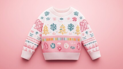 A Christmas sweater design for kids, featuring colorful patterns on a pastel background.