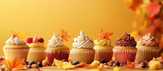 Colorful Autumn Cupcake Display with Fall Leaves and Decorative Elements on Yellow Background Ideal for Seasonal Promotions and Text Insertion