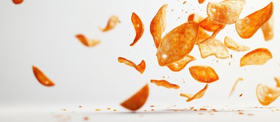 Dried orange peel pieces flying through the air with a white background and copy space for text addition