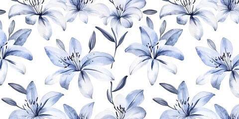 A seamless pattern of lilies in shades of blue and gray, arranged on a white background, in a watercolor style.