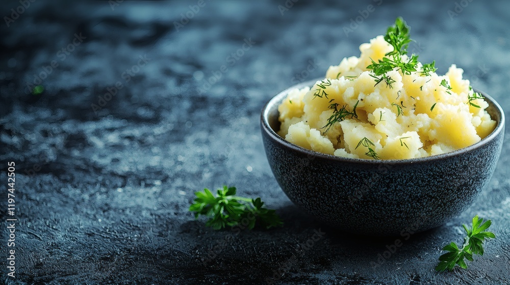 Poster Isolated of mashed potatoes presented in a small bowl with a creamy texture Stock Photo with side copy space