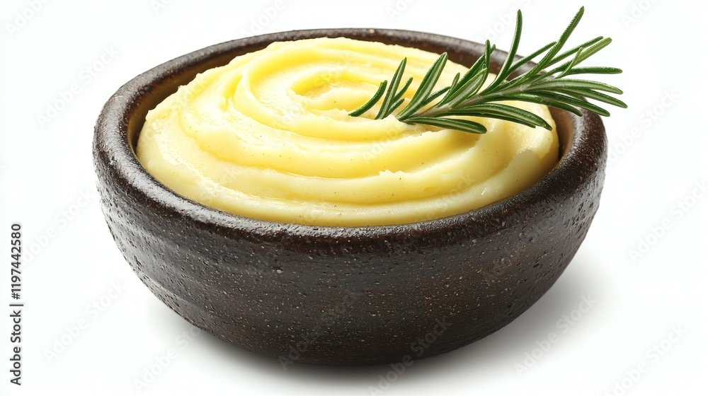 Poster Isolated of mashed potatoes presented in a small bowl with a creamy texture Stock Photo with side copy space