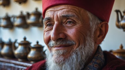 A wise elderly man smiles warmly, wearing a traditional red hat, with decorative teapots in the background, reflecting cultural heritage and craftsmanship.