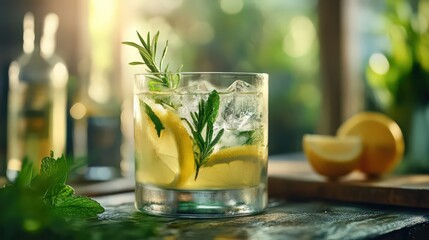 A mixologist hosting a drink and spirits workshop, showcasing eco-friendly glassware and ingredients.