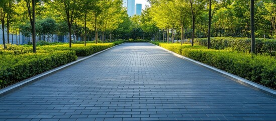 Newly paved asphalt road and walkway bordered by lush green trees and shrubs, featuring expansive empty space for text in a vibrant urban park.
