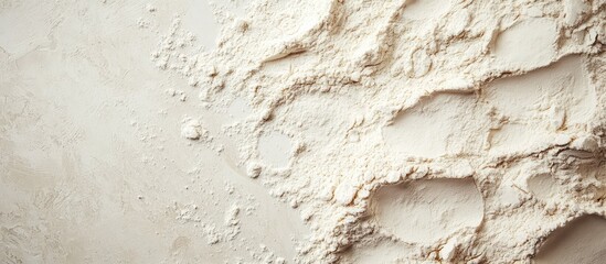 Top view of a textured countertop with scattered flour and empty space for culinary text and recipes, neutral color palette in a bakery setting.