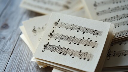 A beautiful set of wedding cards with musical notes on them.