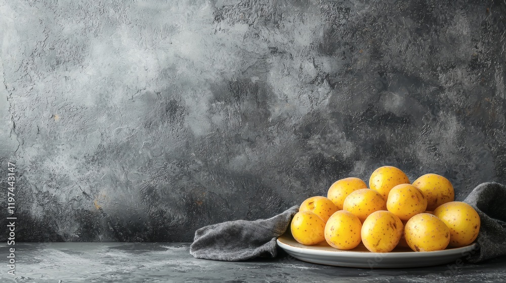 Aufkleber isolated of a few small potatoes on a white plate for a minimalist culinary presentation stock photo