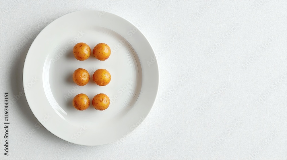 Poster isolated of a few small potatoes on a white plate for a minimalist culinary presentation stock photo