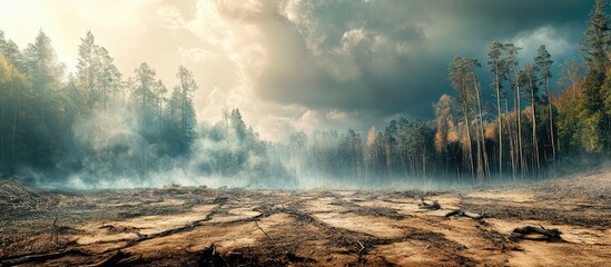 Deforested Landscape with Clear Sky and Smoke, Featuring Bare Ground and Scattered Tree Stumps Amidst Sparse Tree Line in the Background