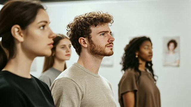 Auditioning Actors in Modern Studio with Headshots Displayed