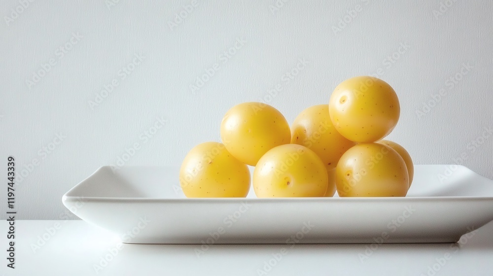 Poster isolated of a few small potatoes on a white plate for a minimalist culinary presentation stock photo