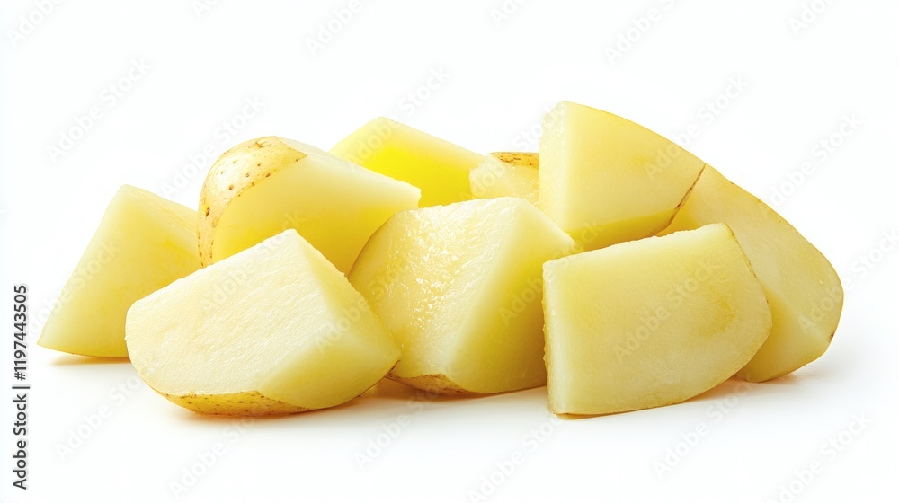 Poster Isolated of potato wedges cut at angles for a dynamic and appetizing look Stock Photo with side copy space